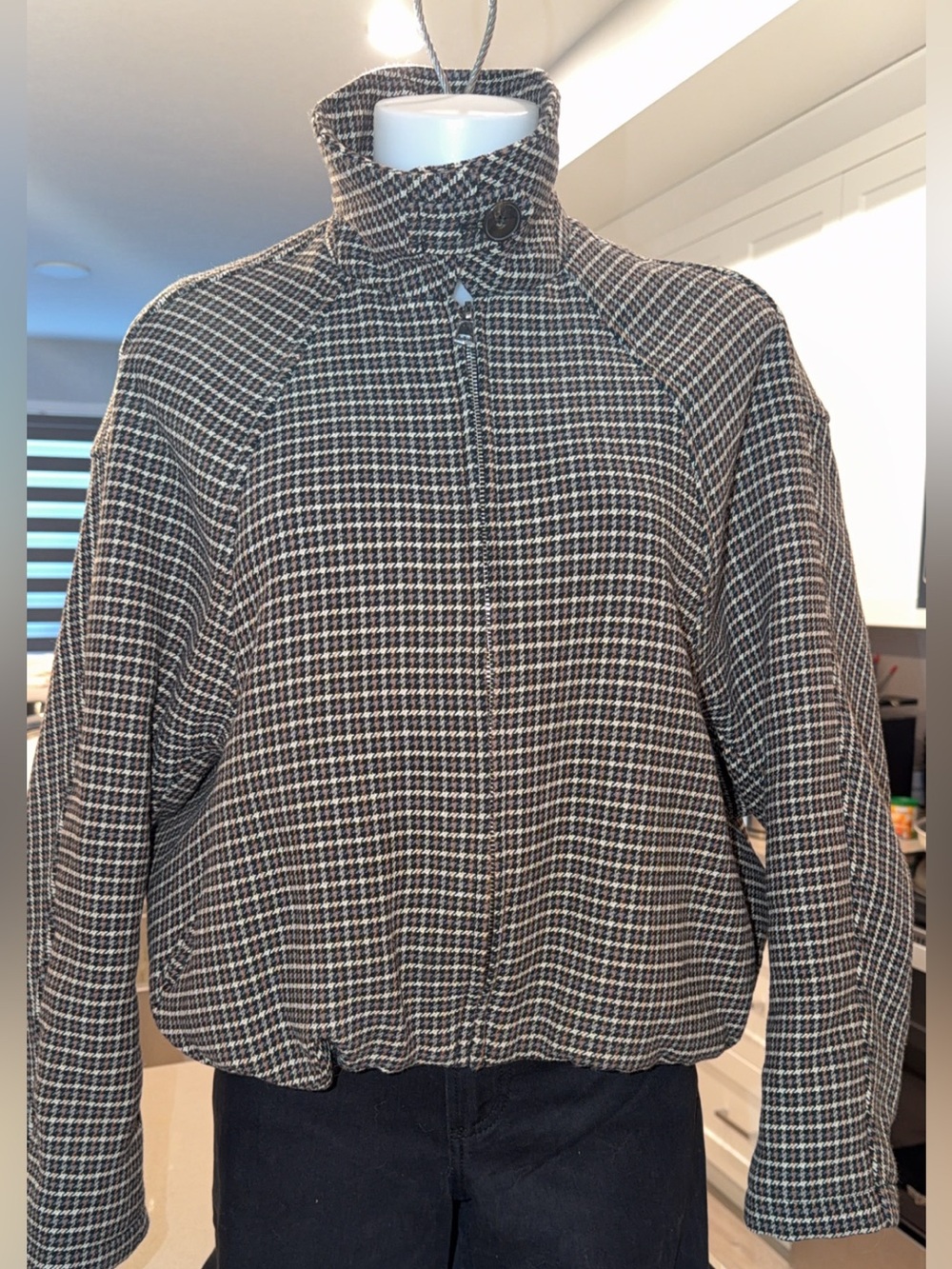 Zara High Neck Black Brown and White Check Utility Jacket
